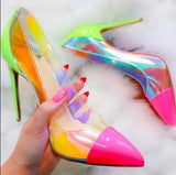 Sexy Iridescent PVC Women Pumps Pointed Toe Patent Leather Stiletto Heels Patchwork Wedding Shoes Bride Neon Yellow Heels Pumps