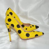 LOURDASPREC Black Polka Dots Women Yellow Stilettos High Heels Ladies Fashion Slip On Pumps Club Party Dress Shoes Color Customized