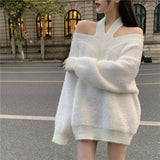 Lourdasprec-Japanese Korean Style Soft Girl Beige Oversized Knit Sweater Dress