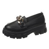 Lourdasprec 2022New Black Platform Flats Shoes Women Loafers Slip On Boat Shoes Autumn Office Metal Chain Designer Casual Leather Oxfords