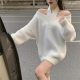 Lourdasprec-Japanese Korean Style Soft Girl Beige Oversized Knit Sweater Dress