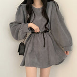 Lourdasprec-Harajuku Korean Fashion Corduroy Mini Dress with Belt (Gray)