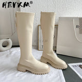 Christmas Gift Women Platform Boots 2021 Winter Gothic Shoes Long Boots Women Fashion Black Beige Mid Calf Boots Round Toe Slip on Riding Boots