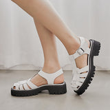 LOURDASPREC Platform Wedges Sandals Real Leather Mid Heel Shoes T-Strap Round Toe Female Footwear Buckle Sandals Summer Black New