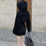 Lourdasprec-Harajuku Korean Fashion Cinched Waist Hoodie Dress Mini Dress (Black)