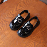 Christmas Gift British Style Leather Shoes Girls Loafers Metal Buckle Design Black Children Kids Shoes for Little Girl Student Flats Shoe