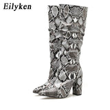 Christmas Gift Colorful Snake Skin Boots Women High Heels Thick Mid-calf Boot Distressed Pointed Toe Zip Shoe Pleated Boots Slouch