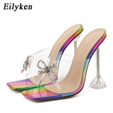 Christmas Gift PVC Transparent Crystal Sun Flowers Buckle Womens Slippers Summer Square Toe Ladies Strange High Heels Sandals Shoes