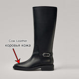 Lourdasprec 2022 New Women Knee Boots Real Leather Buckle Ridding Boots Woman Low Heels Winter Ladies Shoes Footwear Size 35-42