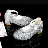 Christmas Gift Girls Princess Shoes Kids Crystal Leather Shoes 2021 Spring New Children's Single High Heel Shoes Bow-knot Silver 26-38