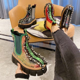 Lourdasprec Apanzu Chelsea Boots Women Sequins Bling Green Colorful Ankle Boots Platform Nightclub Lace Pearl Round Toe Shoes Short Boots