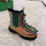 Lourdasprec Apanzu Chelsea Boots Women Sequins Bling Green Colorful Ankle Boots Platform Nightclub Lace Pearl Round Toe Shoes Short Boots