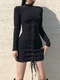 Lourdasprec-Harajuku Korean Style Turtleneck Corset Mini Dress (Black)