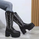 Cyber Monday Sales 2022 Winter Boots Goth Black Fashion Platform Square High Heels Woman Shoes Calf Western Boots Big Size Chunky Boots Embroidery