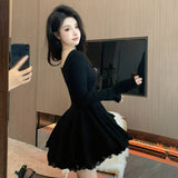 Lourdasprec-Korean Aesthetic Soft Girl Kpop Sweetheart Neckline Long Sleeve Rib Knit Dress