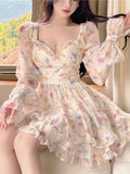 Lourdasprec-Kawaii Aesthetic Soft Girl Pastel Floral Sweetheart Neckline Dress