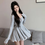 Lourdasprec-Korean Aesthetic Soft Girl Kpop Sweetheart Neckline Long Sleeve Rib Knit Dress