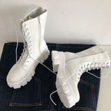 Lourdasprec  New Mid Calf Boots Women Autumn Winter Fashion Lace-Up Zipper Botas Mujer Boots Sports Platform Heel Ladies Shoes
