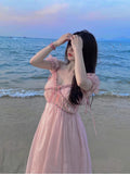 Lourdasprec-Kawaii Aesthetic Coquette Dollette Mermaidcore Summer Pink Midi Dress