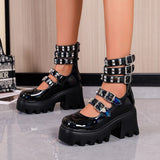 Lourdasprec Brand New Sale Block Heels Buckles Heart Platform Rivet Black Gothic Girls Cosplay Lolita Mary Janes Pumps Shoes Women