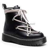 2022 Motorcycle Women's Platforms Boots Winter Black Leather Boots Female Lace Up Zipper Opening Couples Men Sheos Botas Mujer
