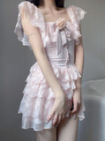 Lourdasprec-Kawaii Aesthetic Soft Girl Style Baby Pink Off Shoulder Lace Mini Dress