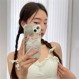 LOURDASPREC-Lourdasprec-Kawaii Aesthetic Korean Pink Ribbon Bow Mirror iPhone Case