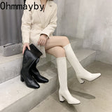 Lourdasprec 2022 Women Knee-High Boots PU Soft Leather Ladies Zipper Knight Shoes Fashion Winter Heel Long Boots Botas Mujer Invierno 2022