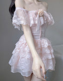 Lourdasprec-Kawaii Aesthetic Soft Girl Style Baby Pink Off Shoulder Lace Mini Dress