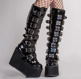 Cyber Monday Sales 2022 Autumn Winter Sale Punk Halloween Witch Cosplay Platform High Wedges Heels Black Gothic Calf Boots Women Shoes Big Size 43