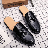 LOURDASPREC-Graduation Gift - Summer Half Shoes Men Black Loafers Slippers Patent Leather Casual Driving Leather Shoes Flats Sandals Breathable Tassel Mules