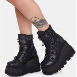 Lourdasprec Autumn Winter Sale Punk Halloween Witch Cosplay Platform High Wedges Heels Black Gothic Calf Boots Women Shoes Big Size 43