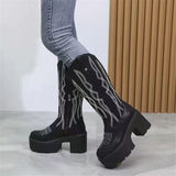 Cyber Monday Sales 2022 Winter Boots Goth Black Fashion Platform Square High Heels Woman Shoes Calf Western Boots Big Size Chunky Boots Embroidery