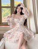 Lourdasprec-Kawaii Aesthetic Soft Girl Pastel Floral Sweetheart Neckline Dress