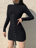 Lourdasprec-Harajuku Korean Style Turtleneck Corset Mini Dress (Black)