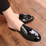 LOURDASPREC-Graduation Gift - Summer Half Shoes Men Black Loafers Slippers Patent Leather Casual Driving Leather Shoes Flats Sandals Breathable Tassel Mules