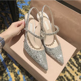 2022 NEW Women's shoes pointed toe single shoes high heels women's rhinestone Baotou open shoes wedding shoes women womens shoes