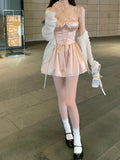 Lourdasprec-Coquette Fashion Korean Off Duty Ballerina Aesthetic Powder Pink Satin Dress Shorts Set