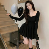 Lourdasprec-Korean Aesthetic Soft Girl Kpop Sweetheart Neckline Long Sleeve Rib Knit Dress