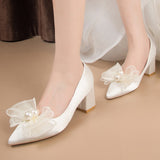 Lourdasprec Rimocy White Pearls Mesh Bow Wedding Shoes Women 2022 New Bride Point Toe Square Heels Pumps Female Elegant Party Shoes Ladies