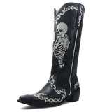 Lourdasprec Women Western Cowboy Boots Fashion Skull Pointed Toe Mid Boots Punk Personality Retro Female Boots Halloween Brand Women's Shoes