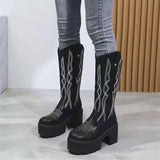 Cyber Monday Sales 2022 Winter Boots Goth Black Fashion Platform Square High Heels Woman Shoes Calf Western Boots Big Size Chunky Boots Embroidery