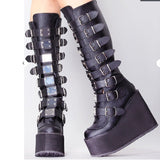 Cyber Monday Sales 2022 Autumn Winter Sale Punk Halloween Witch Cosplay Platform High Wedges Heels Black Gothic Calf Boots Women Shoes Big Size 43