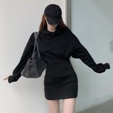 Lourdasprec-Harajuku Korean Fashion Cinched Waist Hoodie Dress Mini Dress (Black)