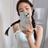 LOURDASPREC-Lourdasprec-Kawaii Aesthetic Korean Pink Ribbon Bow Mirror iPhone Case