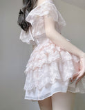 Lourdasprec-Kawaii Aesthetic Soft Girl Style Baby Pink Off Shoulder Lace Mini Dress