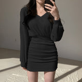 Lourdasprec-Harajuku Korean Fashion Cinched Waist Long Sleeve Rib Knit Mini Dress (Beige/Black)