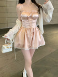 Lourdasprec-Coquette Fashion Korean Off Duty Ballerina Aesthetic Powder Pink Satin Dress Shorts Set