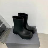 Cyber Monday Sales 2022 New Arrivals Black Square Toe Rain Boots Women Soft New Thick Sole Boots Fashion Comfort Mid-Calf Rubber Trooper Shoess