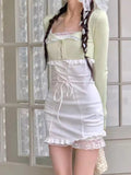 Lourdasprec-Kawaii Aesthetic Coquette Dollette Corset White Dress Light Green Cardigan Set